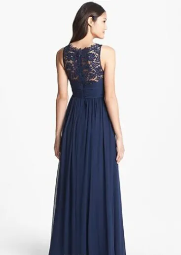 Abiti da damigella d'onore blu navy in chiffon lungo pavimento lunghezza vita impero damigella d'onore collo gioiello cerniera trasparente pizzo posteriore onore abiti da sposa