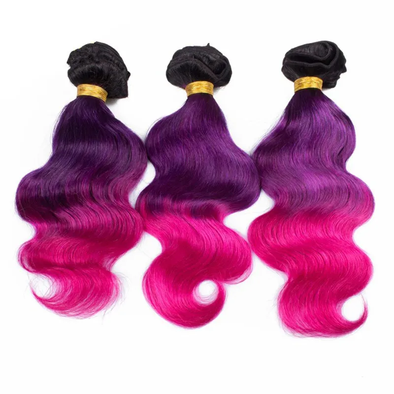 Trame di capelli umani a tre toni con chiusura frontale in pizzo 1b Capelli Ombre rosa viola con chiusura frontale in pizzo 4 pezzi / lotto