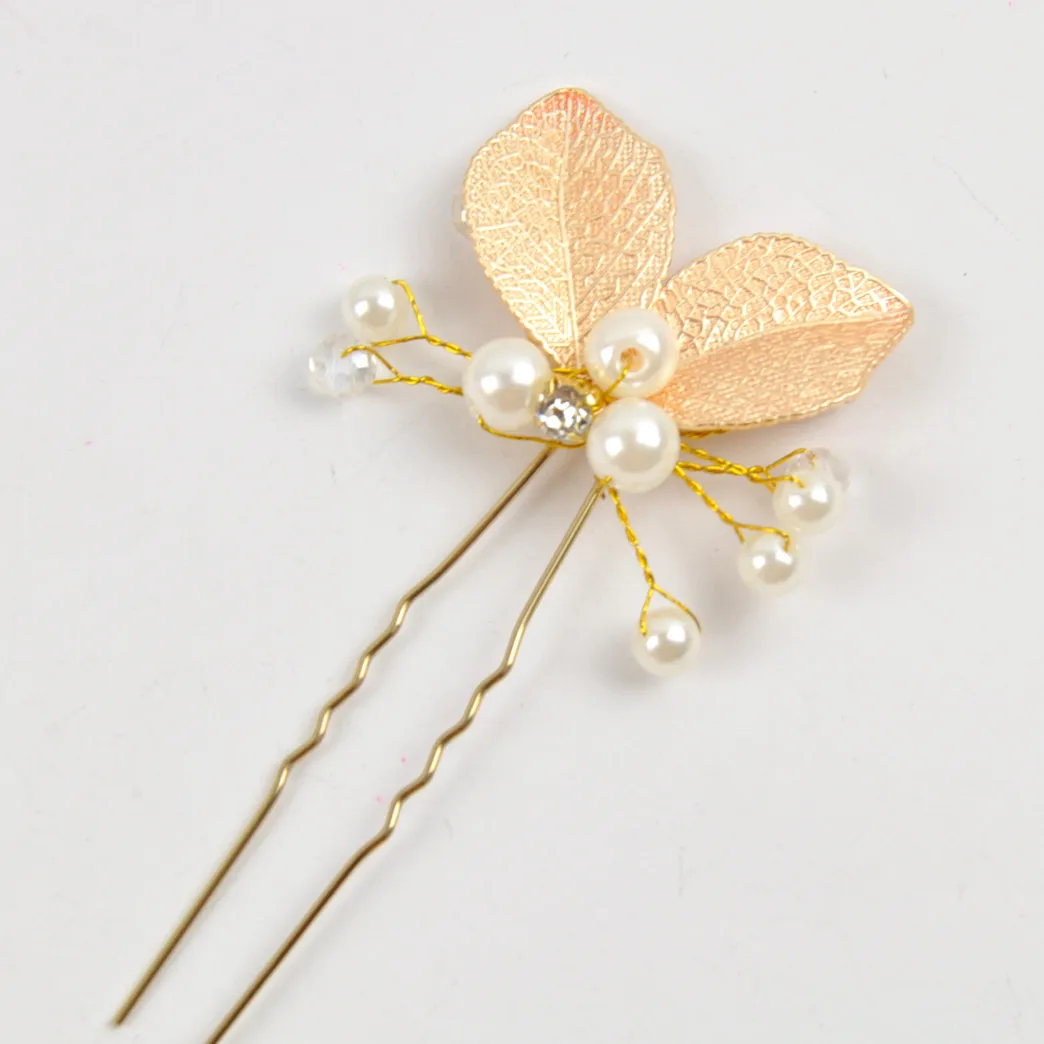 4st bröllopstillbehör Golden Bridal Pearl Hairpins Flower Crystal Rhinestone Hair Pins Clips Bridesmaid Kvinnor smycken Clippin9823974