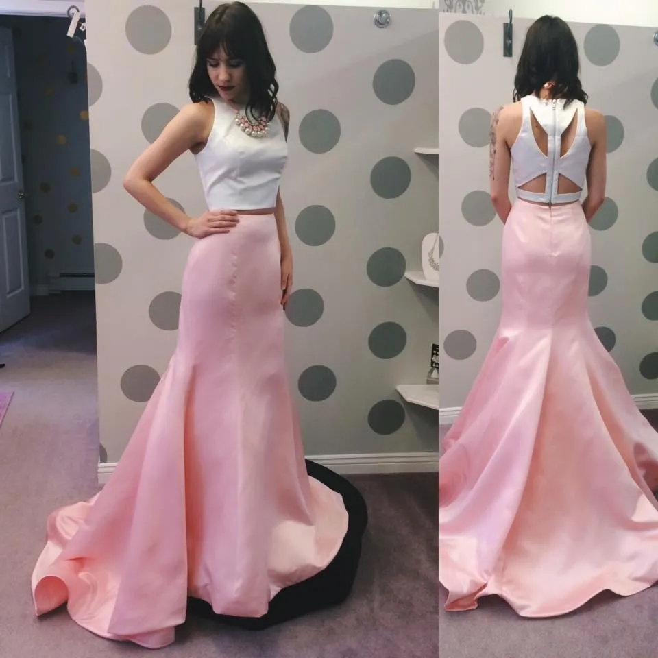 2016 Simples Duas Peças Prom Vestidos Sexy Buracos De Fechadura Voltar Alto Pescoço Dois Tons Branco e Rosa Sereia Vestidos de Baile com Trem Da Varredura