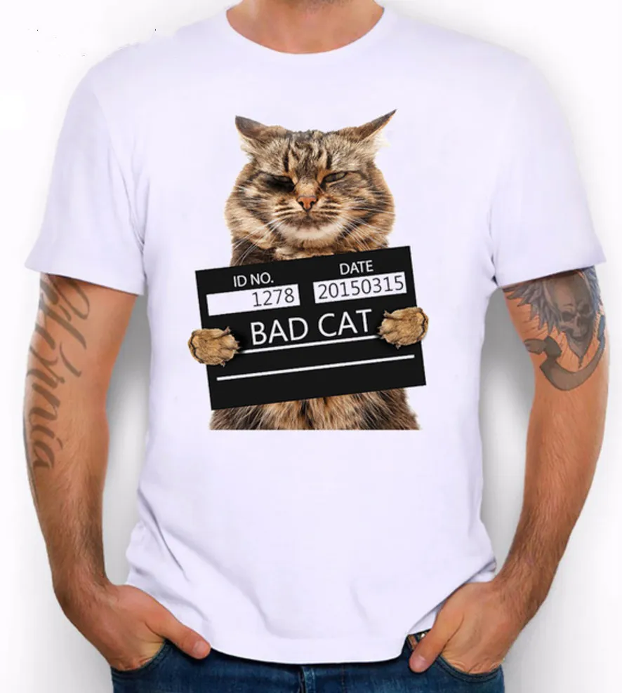 Erkek Kötü Kedi Polis Borcu Baskı T-Shirt Serin Kedi T Gömlek Erkekler Yaz Beyaz T Gömlek Hipster Tees Ücretsiz Kargo