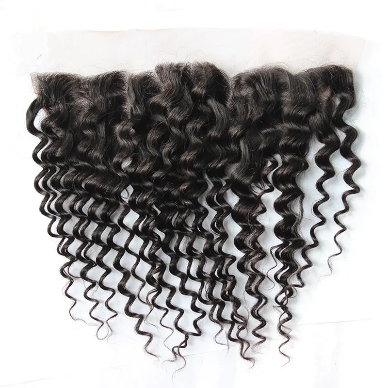 Brasiliana capelli umani tesse con chiusura frontale in pizzo 13 * 4 economici 100% non trasformati profonde capelli fasci di capelli e orecchio all'orecchio full frontals