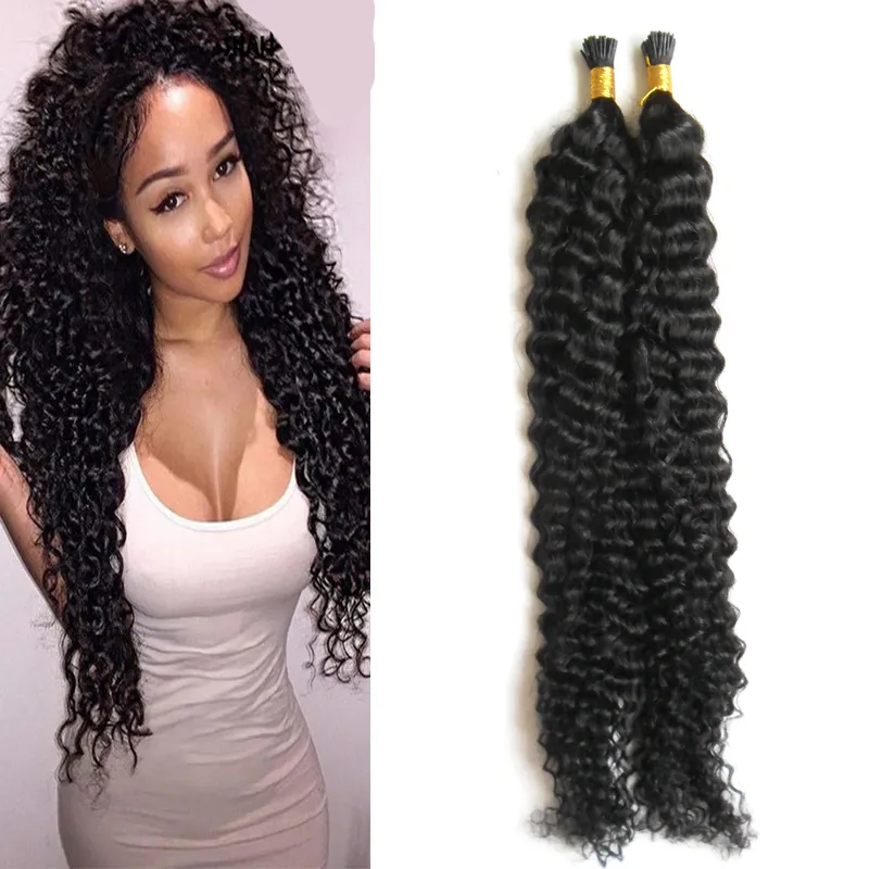 Jag Tips Hair Extensions Mongolian Afro Kinky Curly Virgin Hair 100g 100s # 1 Jet Black Pre Bonded No Remy Human Hair Extensions