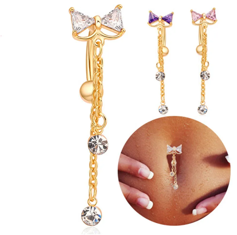 5 Colors Healthy New Style Sexy Summer body jewelry clear bowknot 18K gold navel rings bar belly piercing for sexy lady