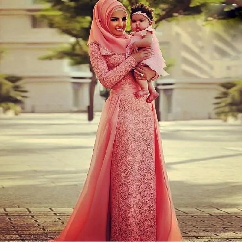 Arabic Kaftan Muslim Modest Evening Dresses With hijab Lace moroccan kaftan Islamic Arabic Abaya Dubai Formal Evening Gowns Party Dress