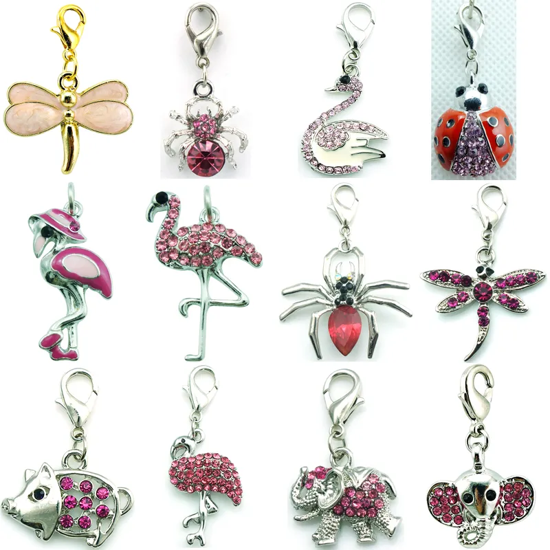 Wholesale rice! Mix Sale High Quality Fashion Slide Pink Crystal Animal Lobster Clasp Charms For Women Jewelry Accessories