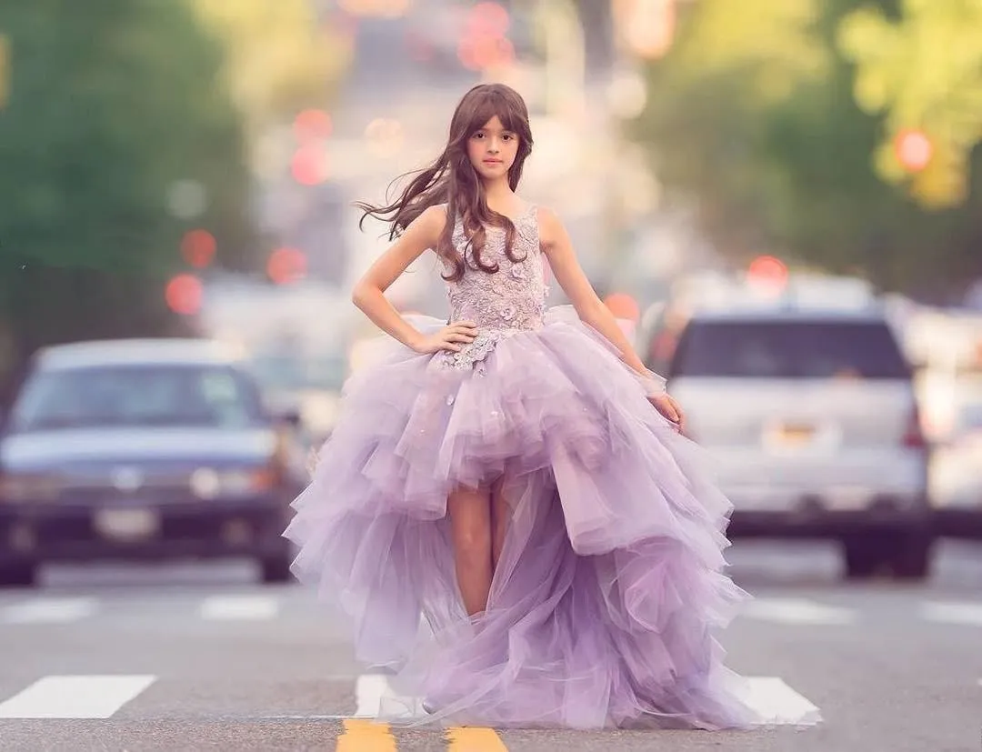 2020 LILAC Girls da concorso abiti Principessa Tulle Appliques in pizzo a bassa lunghezza a bassa lunghezza Tulle Kids Flower Girls Abito da ballo Abito da ballo a buon mercato