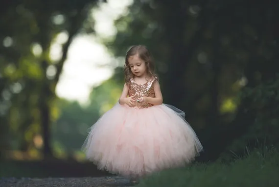 Rose Gold Pailletten Blush Tutu Bloem Meisjes Jurken Puffy Rok Volledige Lengte Kleine Peuter Zuigeling Bruiloft Companion Forml Dress