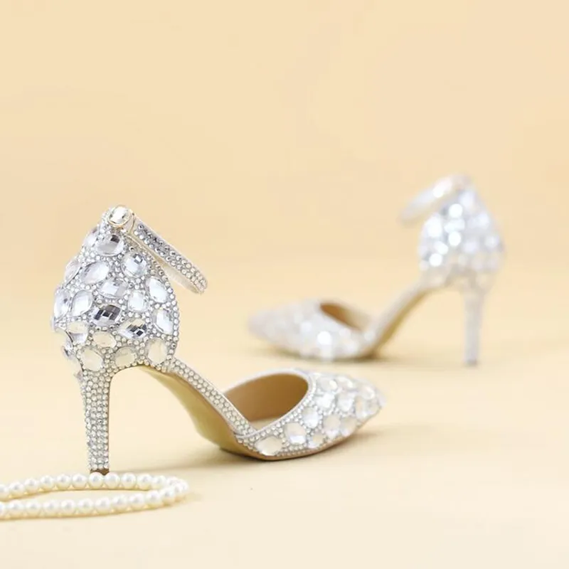 Bout pointu strass chaussures sandales d'été brides à la cheville dame chaton chaussures à talons AB cristal chaussures de fête de mariage Banquet Pumps256W