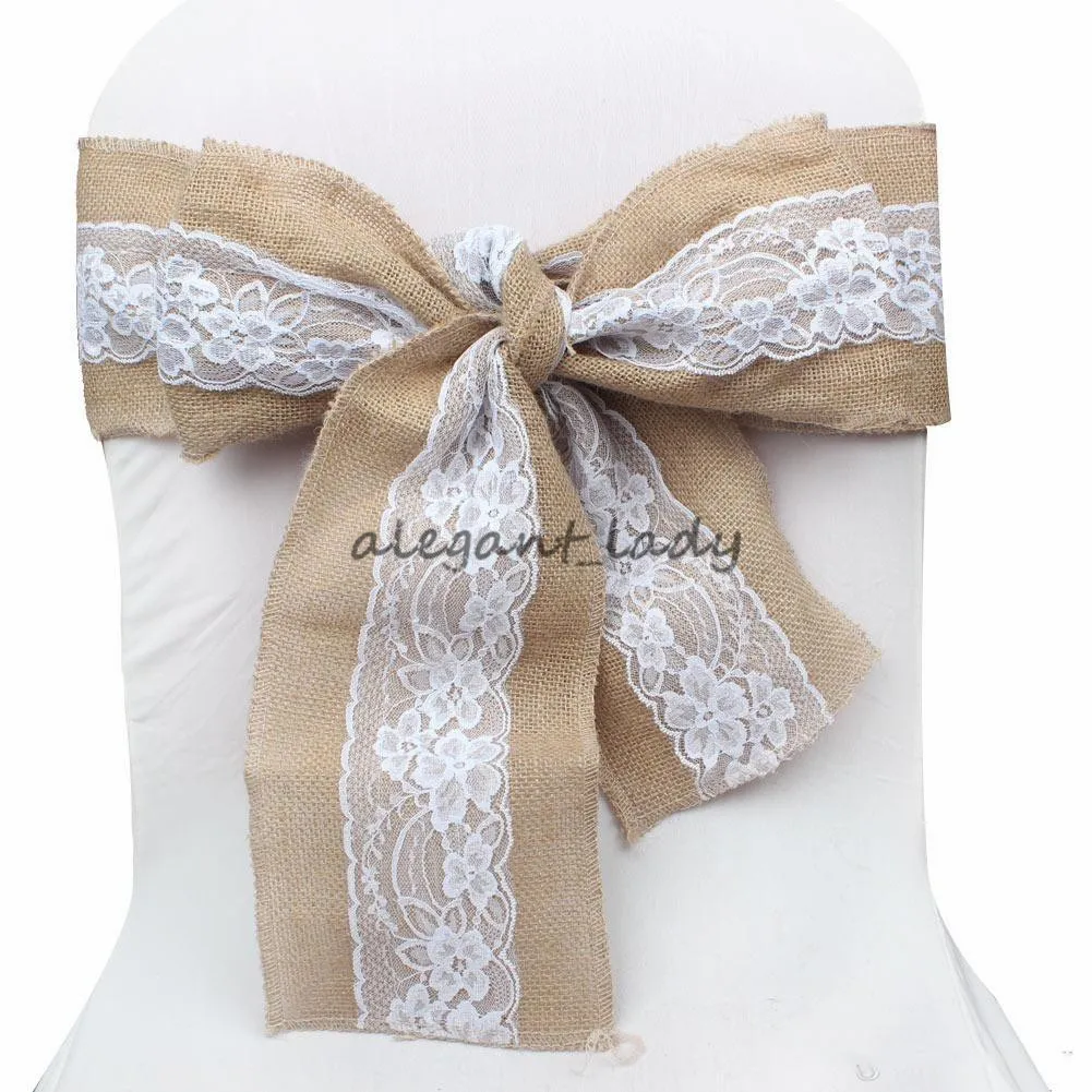 240 x 15 cm Pizzo Bowknot Tela sedia Tela di iuta naturale Iuta Lino Rustico Fodera sedia Cravatta Bowknot la decorazione della sedia da matrimonio Artigianato fai da te