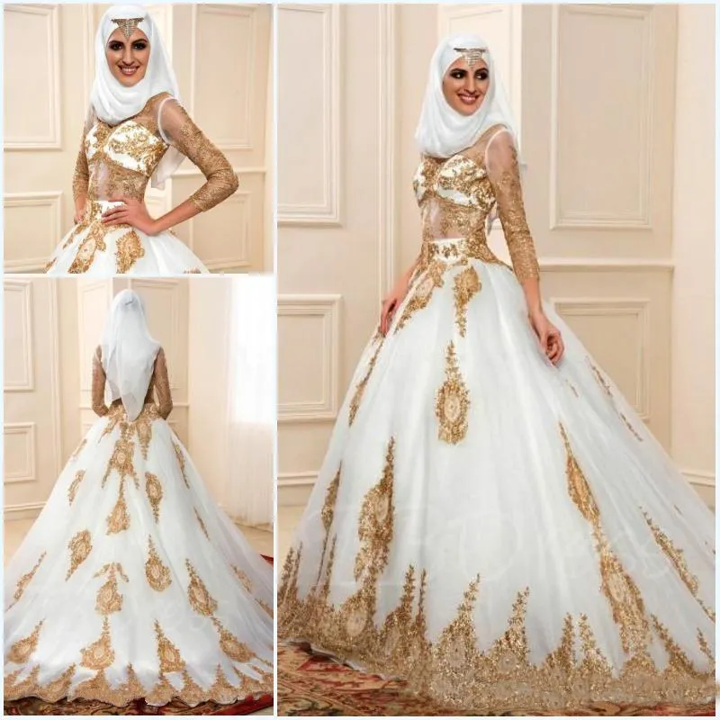 2018 Newest Muslim Wedding Dresses With Gold Applique 3 4 Long Sleeves 