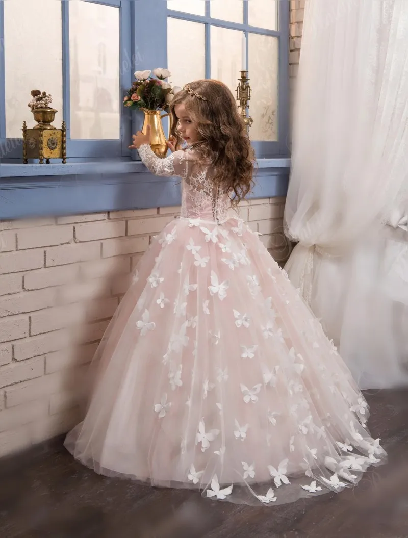 Lace Long Sleeve Ball Gowns Flower Girl Dresses For Wedding 2017 Blush Pink Tulle Applique Girls Pageant Gowns Kid Birthday Party Dresses