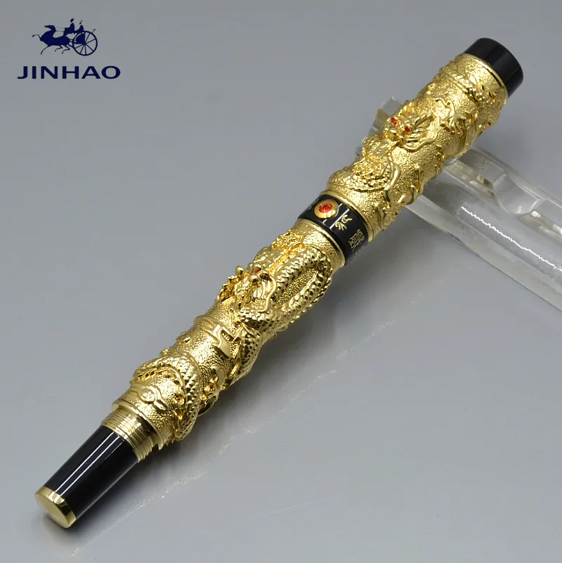 Lüks JINHAO kalem altın çift ejderha kabartı klasik Dolma kalem ile iş ofis malzemeleri için yazma pürüzsüz marka mürekkep kalem hediyeler