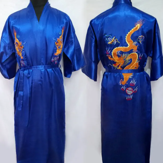 2017 Men's Satin Chinese Style Bridegroom Robes Bathrobe Embroidery Dragon Nightgown Sleepwear Dressing Gown For Male