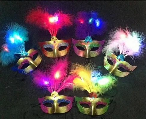 Máscara de luces LED Máscara de plumas con luz Máscaras de fiesta de baile Dibujo a color Máscara veneciana Máscaras de disfraces de Halloween