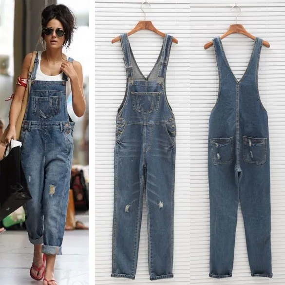 Wholesale- 2017 New Womens Ladies Baggy Denim Jeans Full Length Pinafore Dungaree Overall Jumpsuit