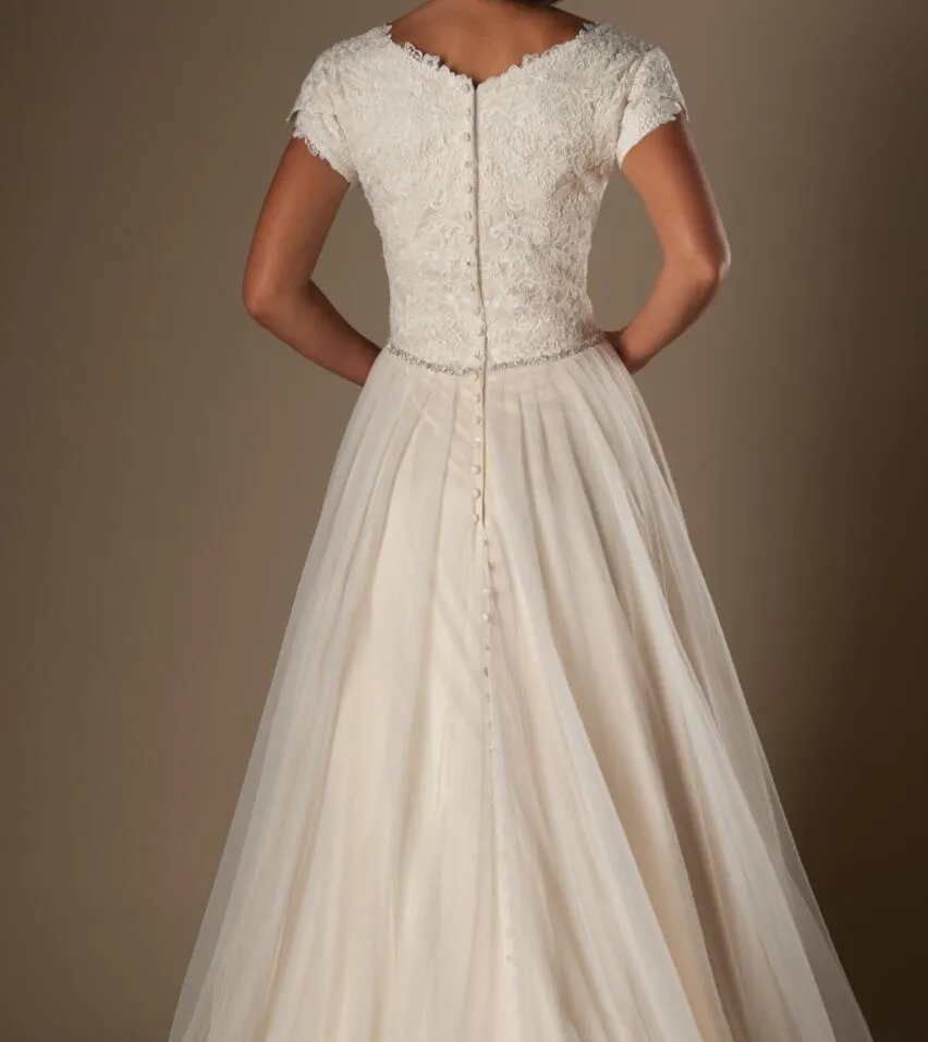 Champagne Short Sleeves Modest Wedding Dresses 2019 Cap Sleeves V Neck Buttons Lace Tulle Bridal Gowns A-line Inexpensive Wedding Gowns Sale