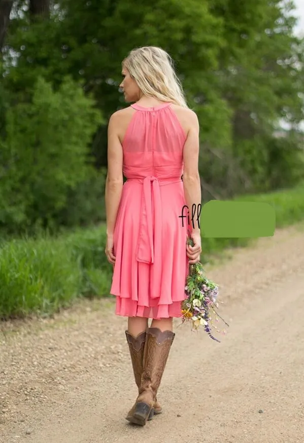 Custom Colored Cocktail Dresses Country Westen Ruched Chiffon Short Bridesmaid Dresses Knee Length maid of honor dresses Match Cowboy Boots