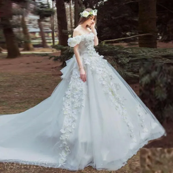 Vestidos de novia de la flor de lujo 2017 del hombro Romántico Modesto Boda de novia Beach Gelinlik Vestido De Novia Hecho a medida