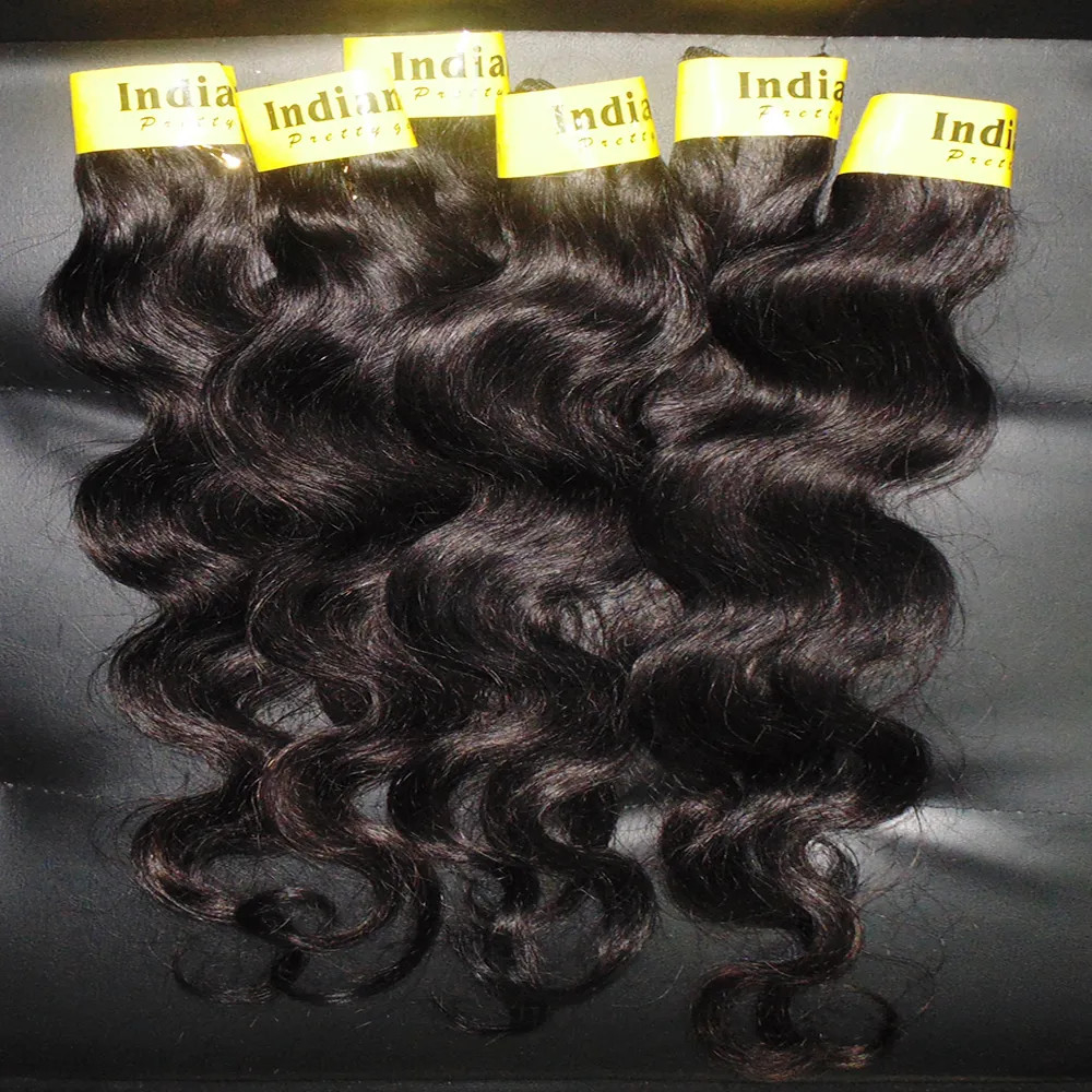 Partihandel Bearbetad Indisk Pure Human Bouncy Hair Weaving Extensions / Silkly Body Wave Wefts