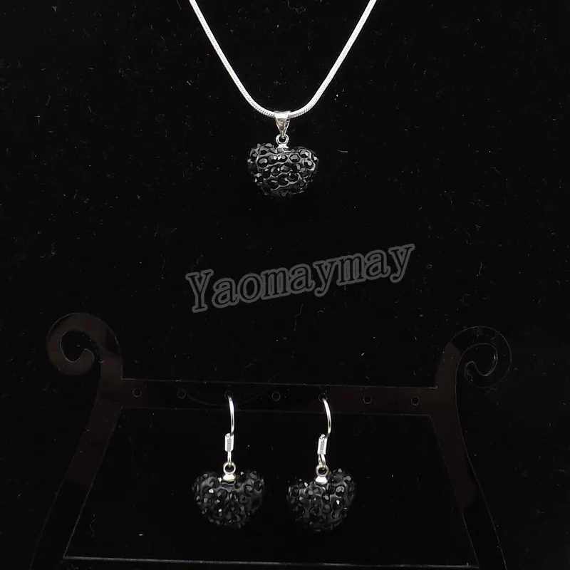 Conjunto de joyas de moda negro corazón colgante de cristal pendientes y collar con cadena plateada de plata 5 juegos al por mayor