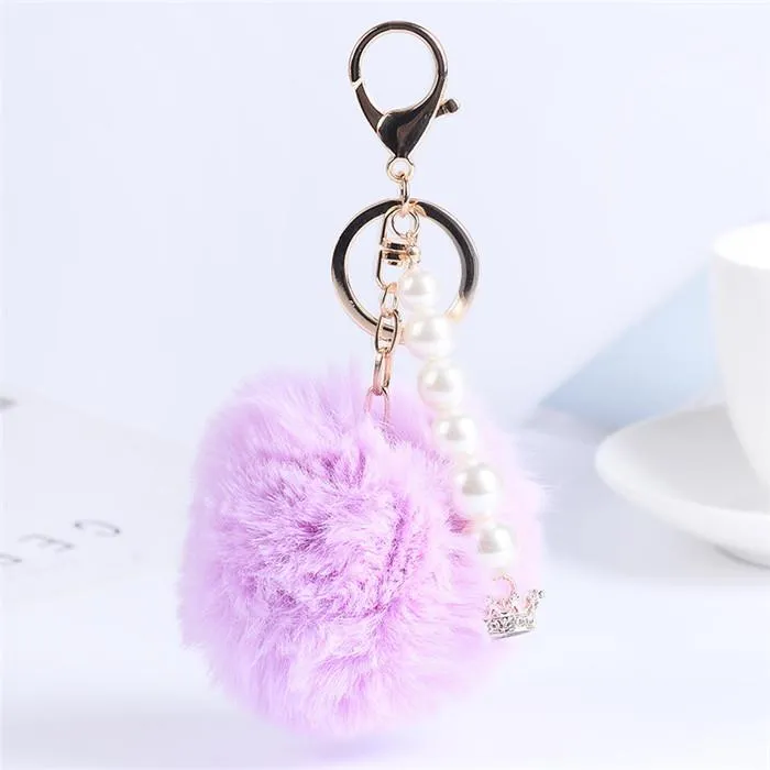 Palla di pelo Soffice palla rotonda con corona Striscia di perle Portachiavi in metallo placcato oro rosa Portachiavi Auto Portachiavi Ciondoli borsa Regalo ragazza da donna