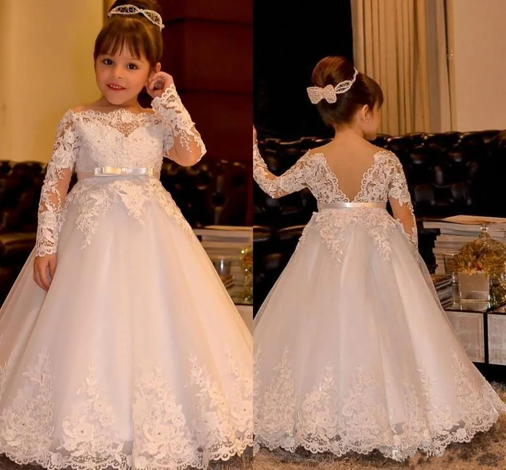 Belles robes de filles de fleurs en dentelle pour mariage 2020 robe de princesse à manches longues avec dentelle sur l'épaule perles enfants vêtements de cérémonie