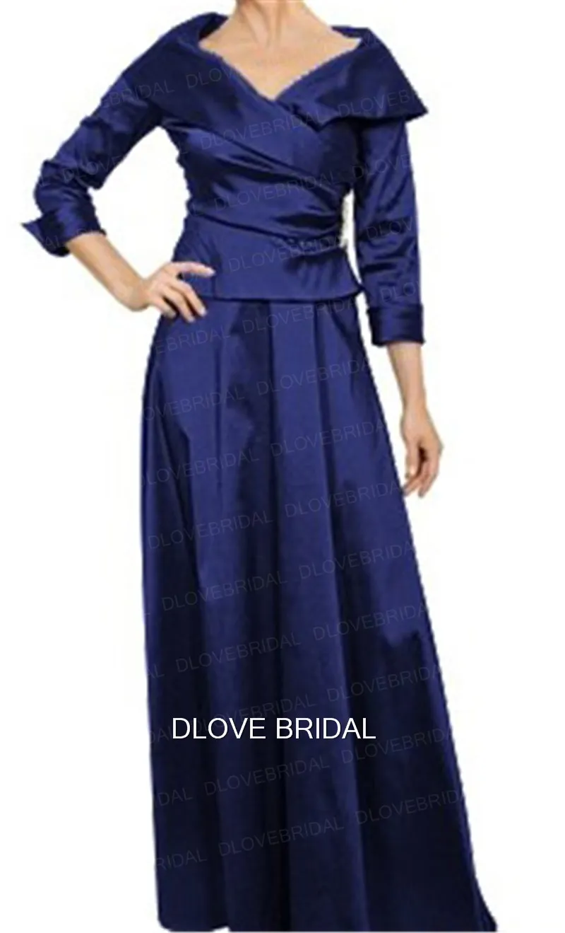 Royal Blue Taffeta Mother of the Bride Dress with 34 Long Sleeves Real Po Wedding Guest Gown A Line Floor Legnth Dresses8374877