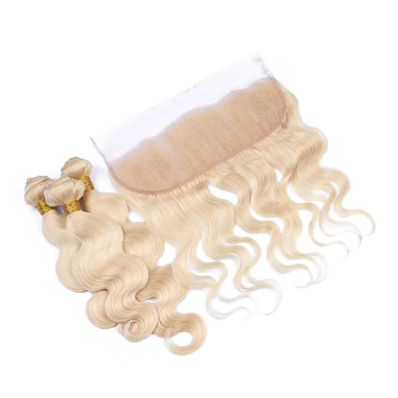 Virgin Peruvian Body Wave Blonde Human Hair Weaves with Lace Frontal Closure 13x4 Pure #3Bundles with Full Lace Frontal