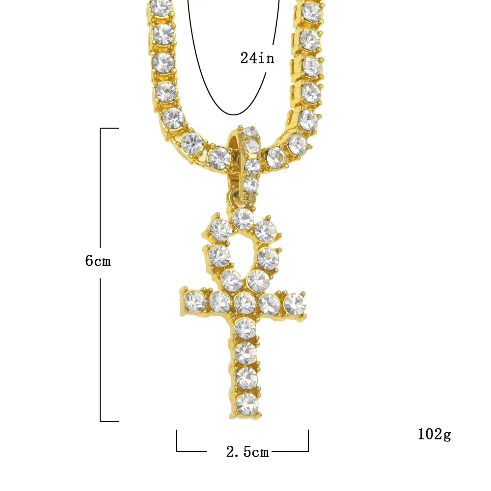Egyptian Ankh Key Necklaces Mens Bling Gold Plated Chain Rhinestones Crystal Cross Iced Out Pendant For women's Rapper Hip Ho316T