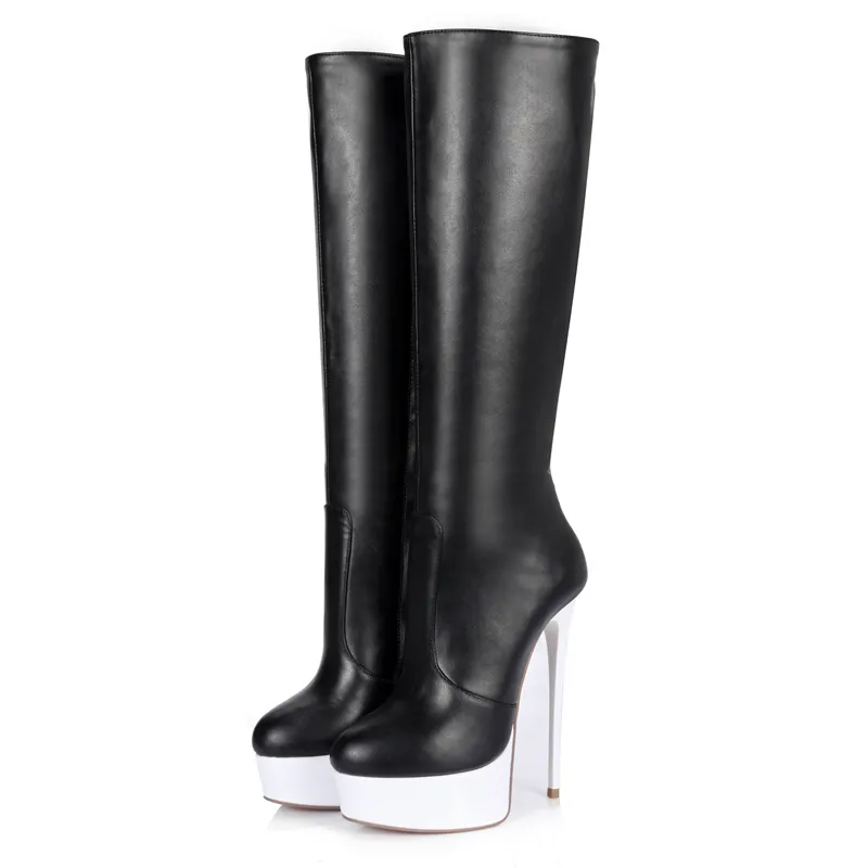 Botas de joelho de salto alto sexy botas redonda dedo do pé preto branco patente de patente de plata de plataforma de plataforma de plataforma 16 cm de alto-calcanhar design italiano fetiche fetiche exótico pólo dança gótico punk lolita