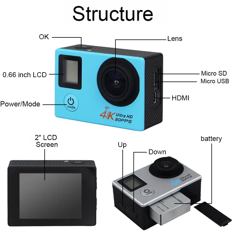 H22R 4K WiFi Action Camera 2 Inch 170D Lens Dual Screen 30 M Waterdichte Extreme Sports HD DVR CAM