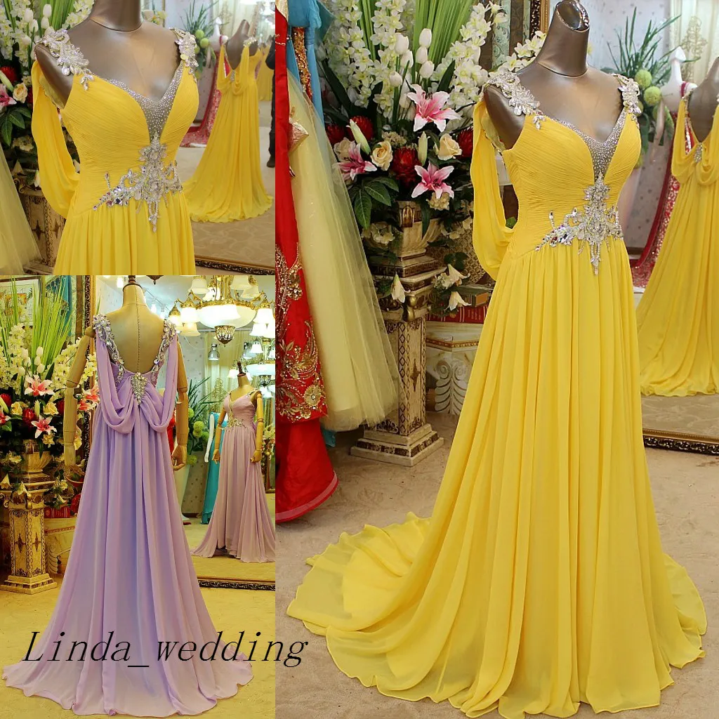 Emerald Green Yellow And Violet Evening Dresses New Arrival Floor Length Long Beaded Backless Formal Chiffon Party G272t