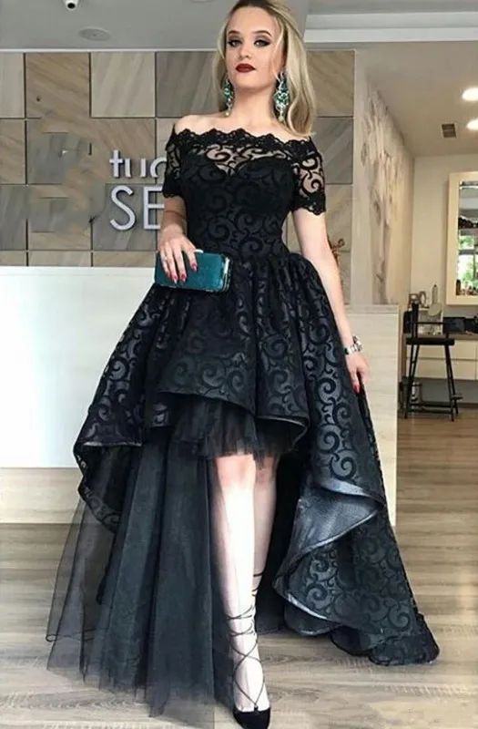 Élégant noir pleine dentelle haut bas robe de bal hors épaule manches courtes robes de soirée de haute qualité mode robe de soirée sur mesure Made2694