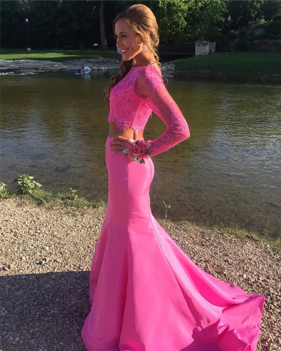 Mermaid Sevimli Iki Parçalı Uzun kollu Dantel Balo Elbise Jewel Boyun Çizgisi Pembe Tafta Abiye vestidos para formatura