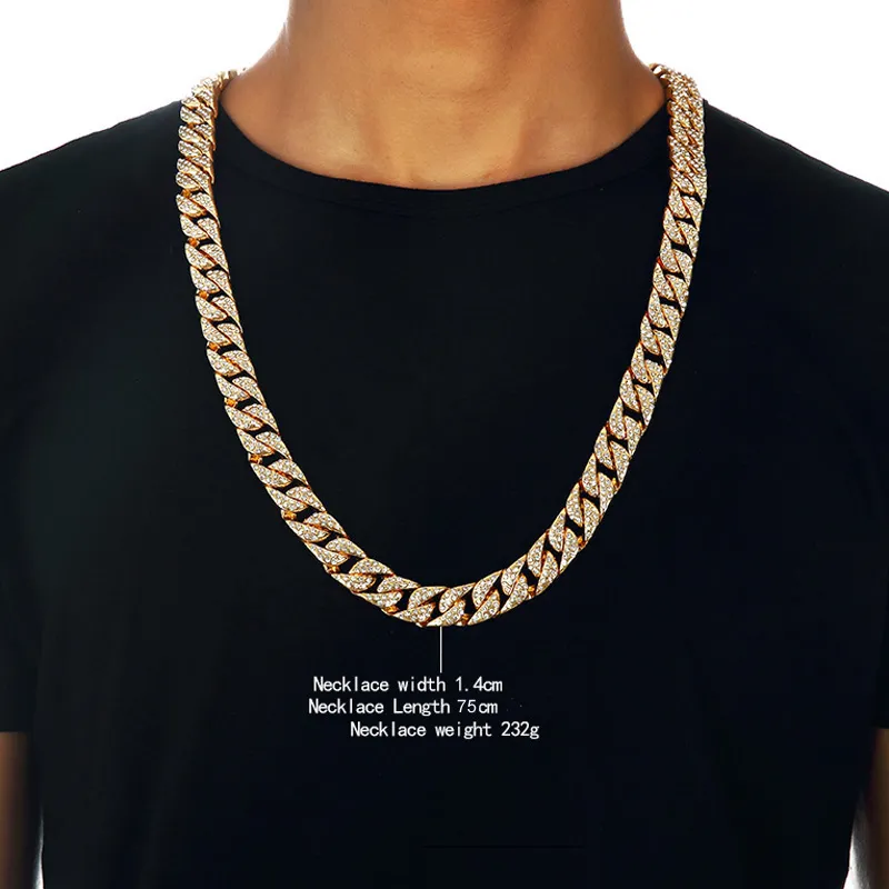 Tung 24K Solid Guldpläterad Miami Kubansk Länk Överdriven Glänsande Full Rhinestone Halsband Hip Hop Bling Smycken Hipster Men Curb Chain