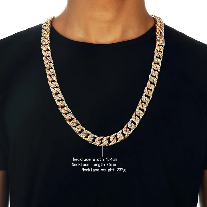 Heavy 24K Solid Gold Plated MIAMI CUBAN LINK Exaggerated Shiny Full Rhinestone Necklace Hip Hop Bling Jewelry Hipster Men Curb Chain