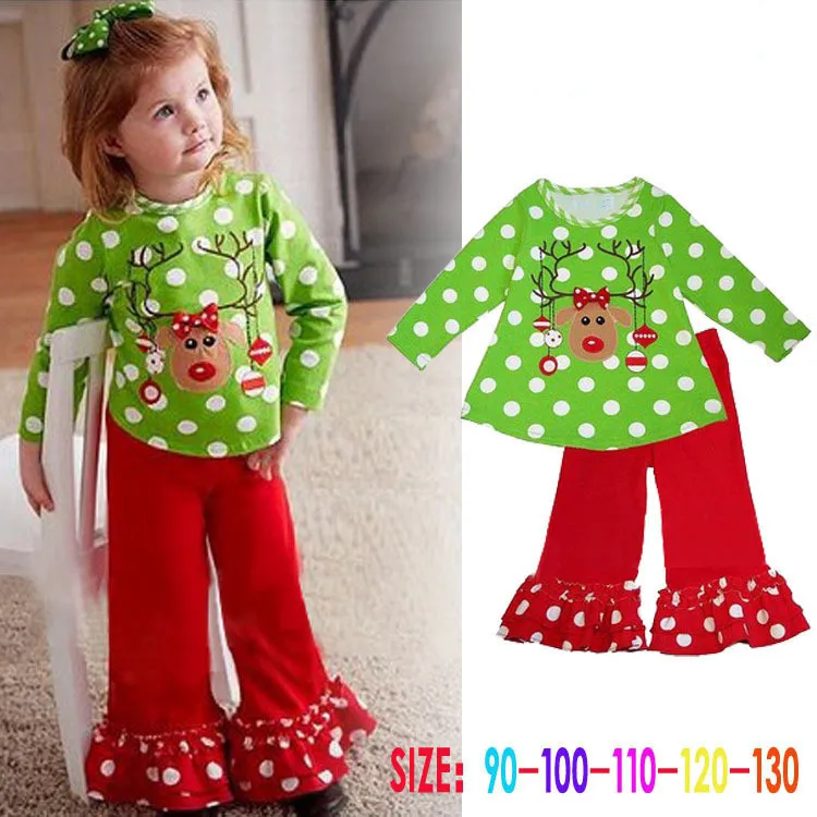 Christmas Clothes Baby Sanda Reindeer Tree Pattern Long Sleeve T-shirt Dress And Pants Two Piece Baby Girls Xmas Outfits Set Girls Clothing