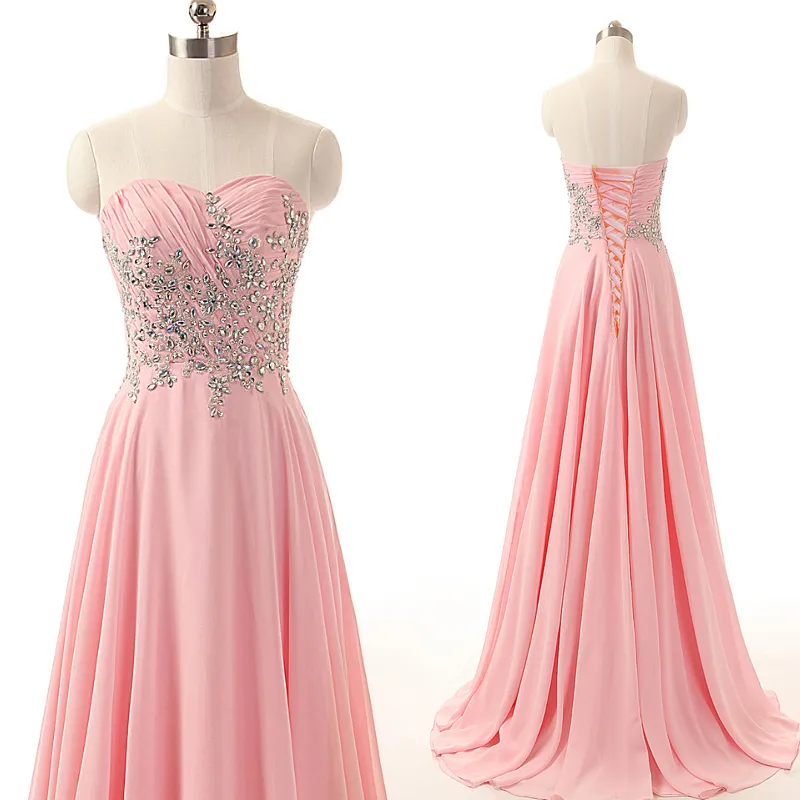 Cheap Pink Blush Prom Dress Long Custom Made Ruched Chiffon Crystals