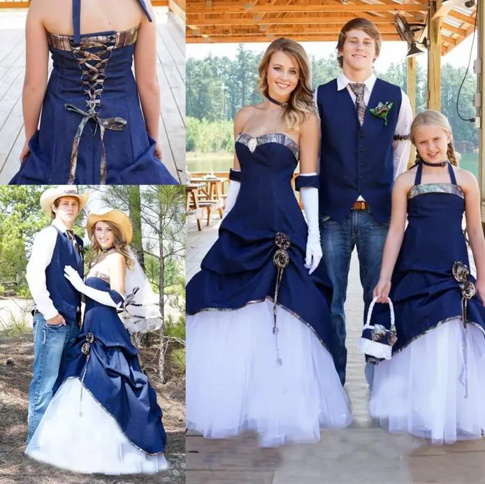 Latest 2017 Country Cowboy Camo Wedding Dresses Blue Denim A Line Pleats Sweetheart Lace Up Back Vintage Bridal Gown Custom Made EN9046
