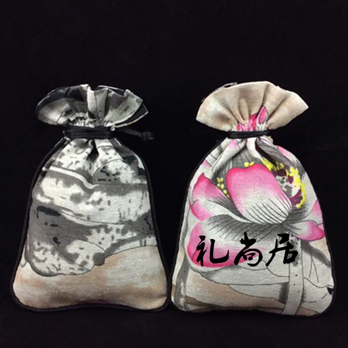 Elegant Small Cotton Linen Printed Jewelry Pouch Drawstring Chinese style Gift Packaging Decorative Coin Storage Tea Candy Favor Bags