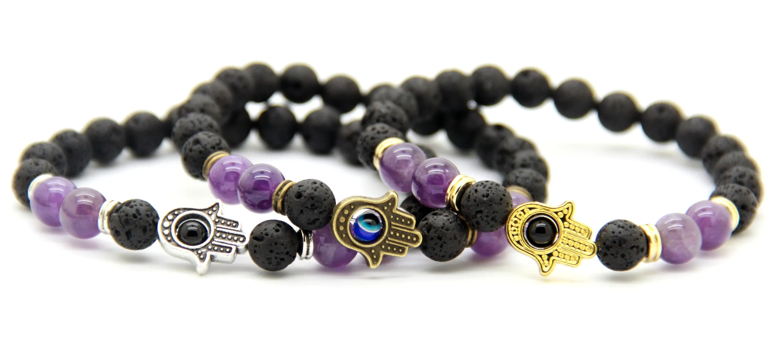 New Arrival 8mm Natural Amethyst & Lava Rock Stone Beads Protection Hamsa Bracelets, Nice Gifts for men and women