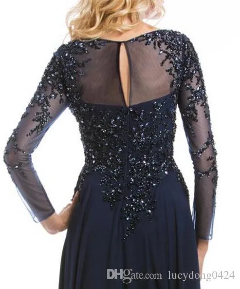 Top Selling Elegant Navy Blue Mother of The Bride Dresses Chiffon SeeThrough Long Sleeve Sheer Neck Appliques Sequins Evening Dre6221376