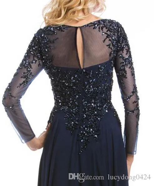 Top Selling Elegant Navy Blue Mother of The Bride Dresses Chiffon SeeThrough Long Sleeve Sheer Neck Appliques Sequins Evening Dre1565174