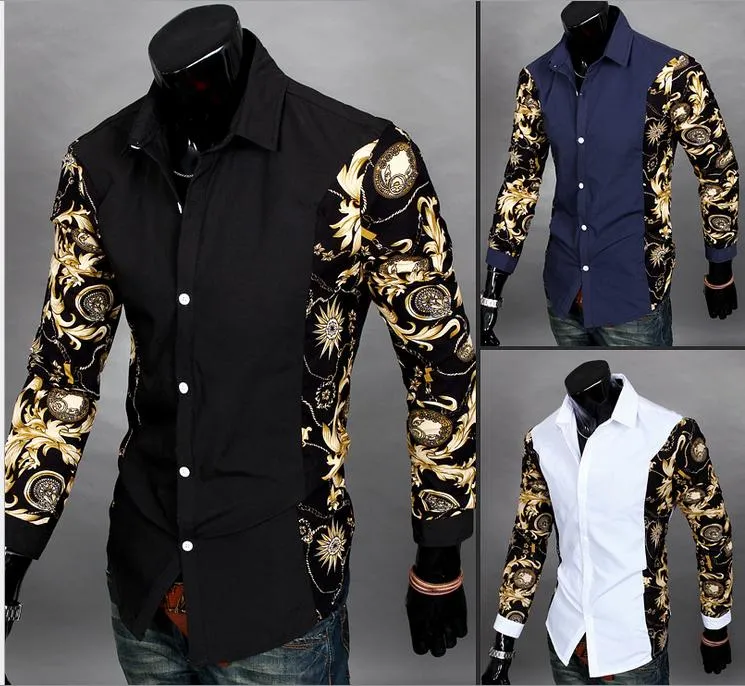 Print Floral Shirt Casual Men Part Print Floral Pattern Design Turn Down Collar Long Sleeve Patchwork Men Dress Shirt 