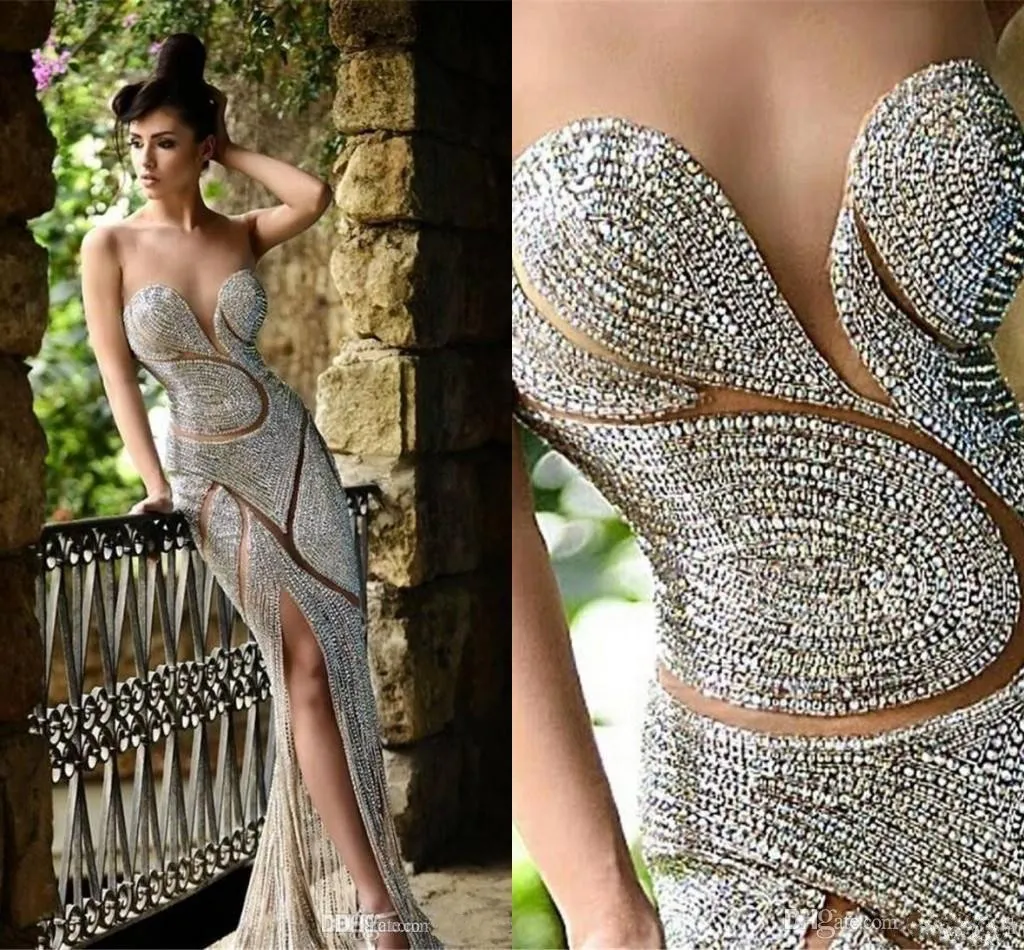 2024 Bling Rami Salamoun Vestidos de noche divididos Ilusión Cuello Sheer Major Beading Crystal Funda Sheer Falda Celebrity Party Vestidos de baile 018