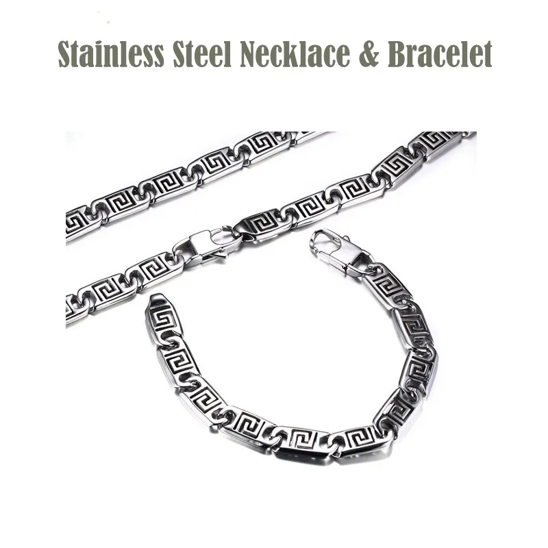 2016 New Exaggerated Stainless Steel High Polished Chains Necklace & Bracelet 2pcs Jewelry Set Men Punk Bangle Fashion Joyas