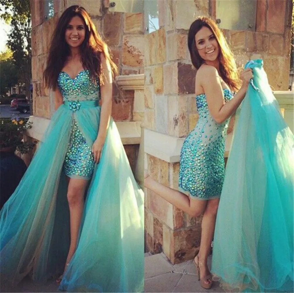Glamorous Beadings Detachable Evening Dress 2019 Tulle Court Train Two Pieces Blue Prom Dress vestido largo de fiesta