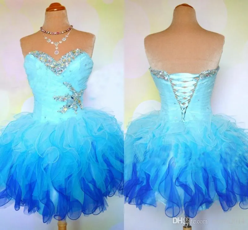 Abiti da ballo corti gonfi in organza con scollo a cuore e volant con perline pieghettate con lacci Sweet 16 Ball Gown Abiti da ritorno a casa Foto reali