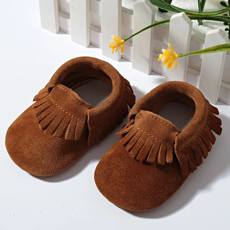 Baby spädbarn moccasins mjuka läder frans baby booties toddler skor baby barn antiskid första walker skor läder sko